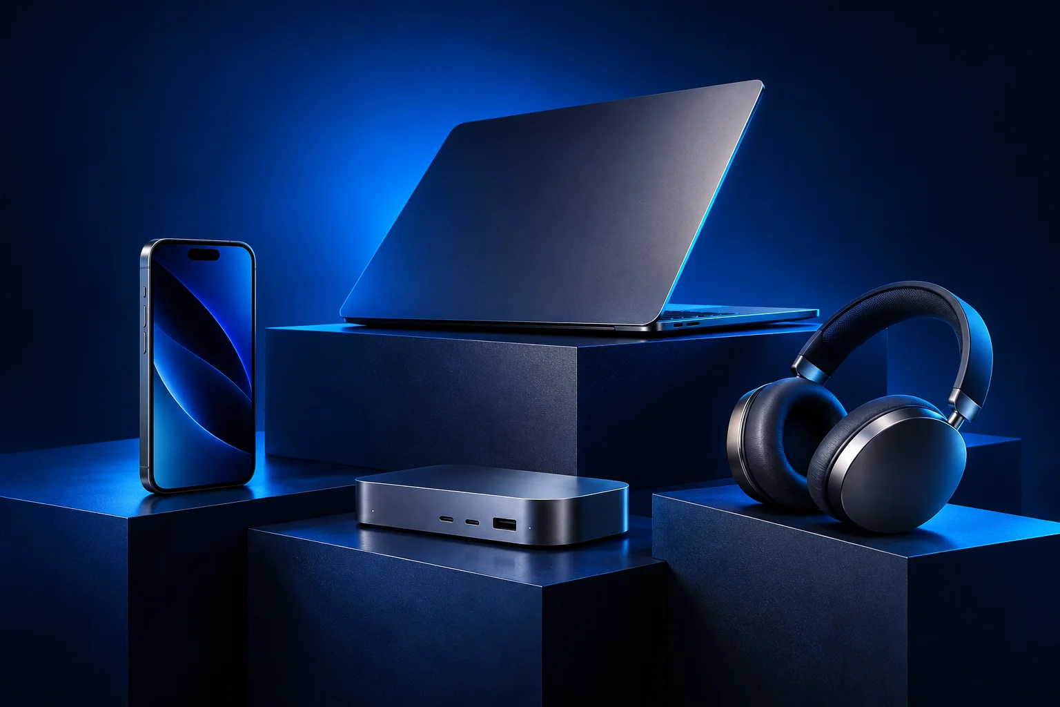 Studio composition of a laptop, smartphone and headphones
