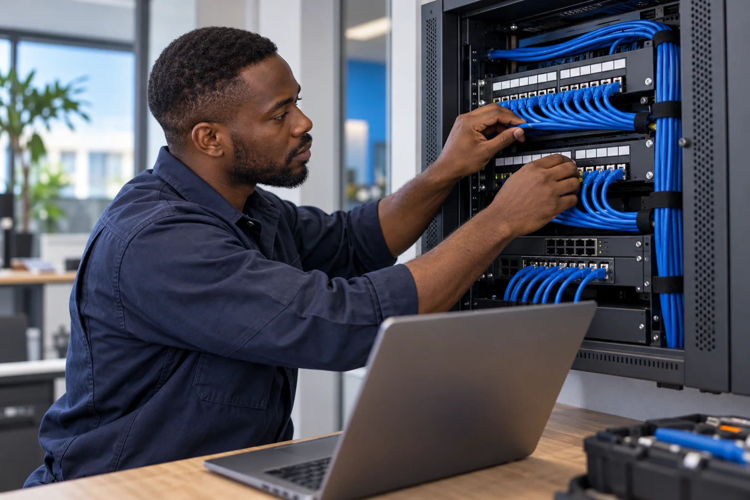 Technical specialist configuring an office network